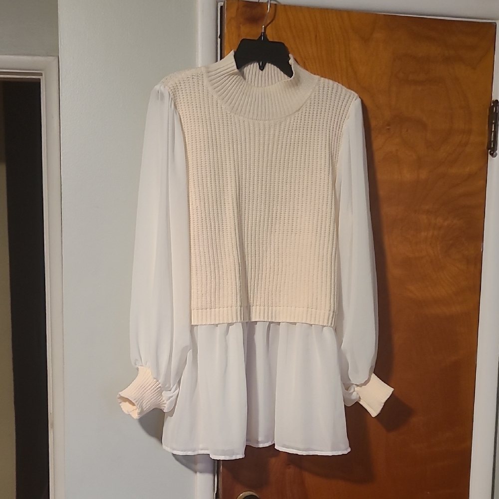 Eloquii Cream Knit and Chiffon Blouse